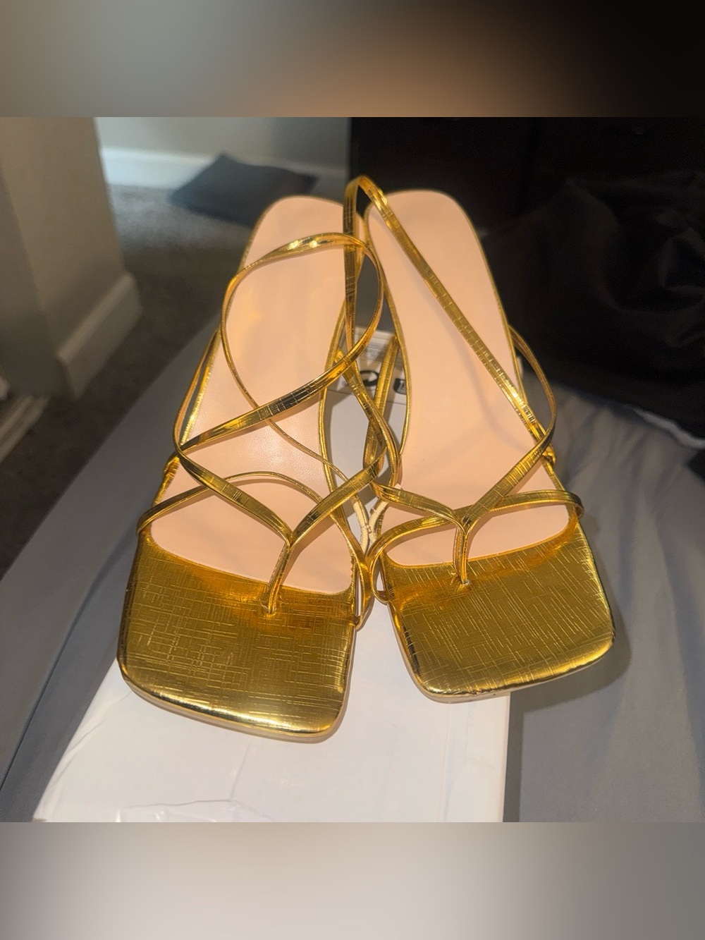 SHEIN Metallic Gold Strappy Square-Toe Heels